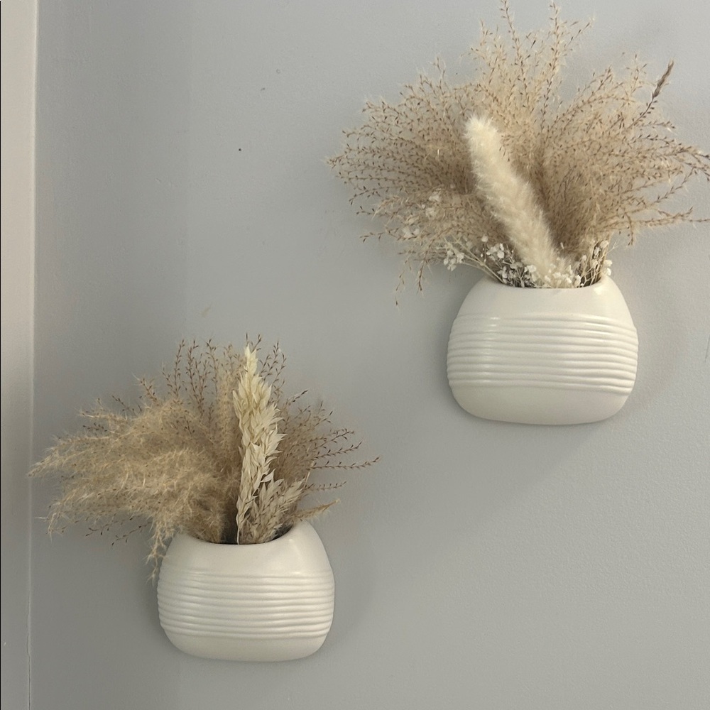 Cream Ceramic Wall Planters with Dried Pampas